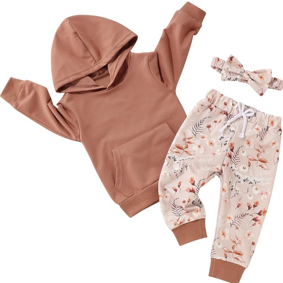 Other - Baby Girl 3-Piece Outfit – Floral Pants, Hoodie & Bow Headband (6–12 Months)